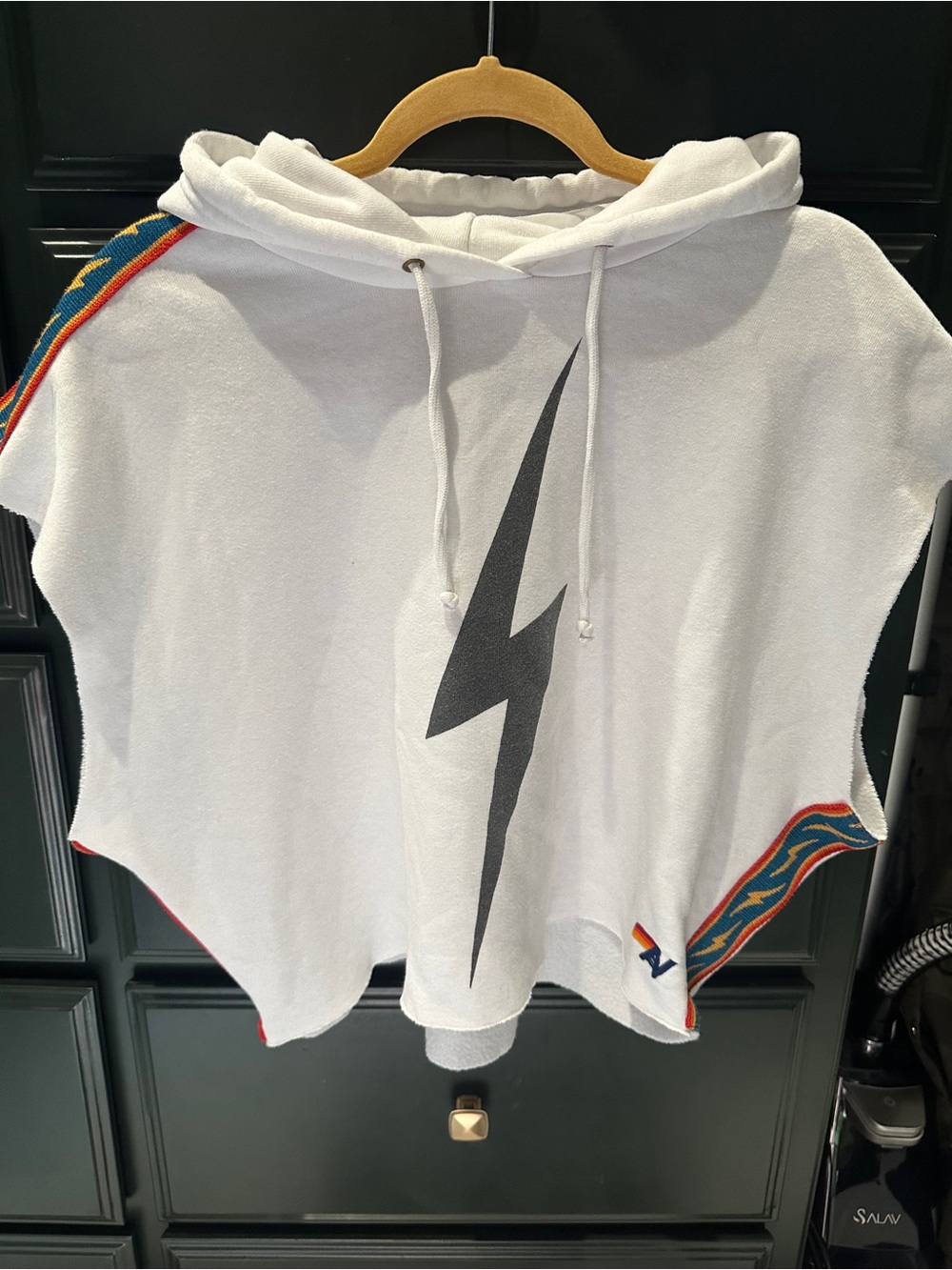Aviator Nation White Hooded Poncho with Black Lightning Bolt